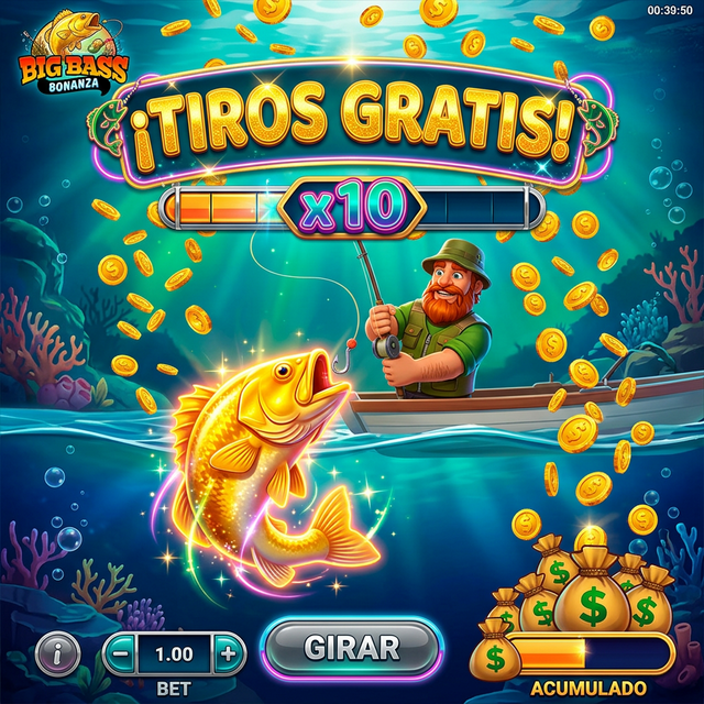 Pantalla de bonus free spins Big Bass Bonanza con pescador y bolsas de dinero