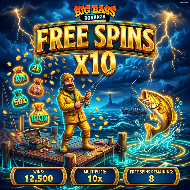 Pantalla de free spins Big Bass Bonanza — pescador recogiendo money bags