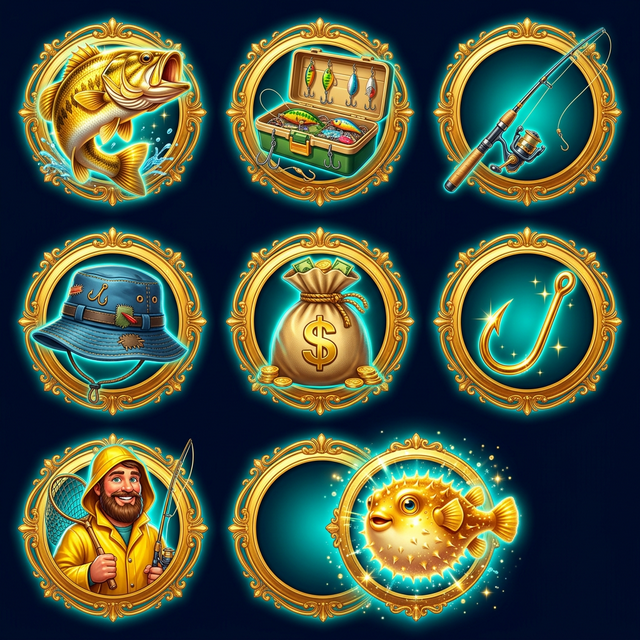 Todos los simbolos de Big Bass Bonanza en sus marcos dorados